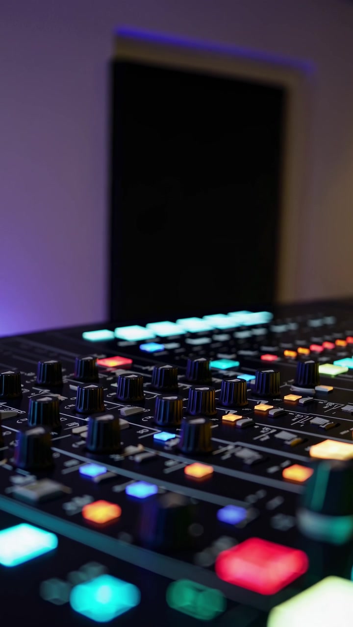 Mixer audio professionale con pulsanti illuminati in uno studio di registrazione