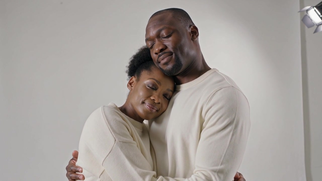 Starting couple embracing, posing in studio with white backdrop, studio light, wearing cream tops