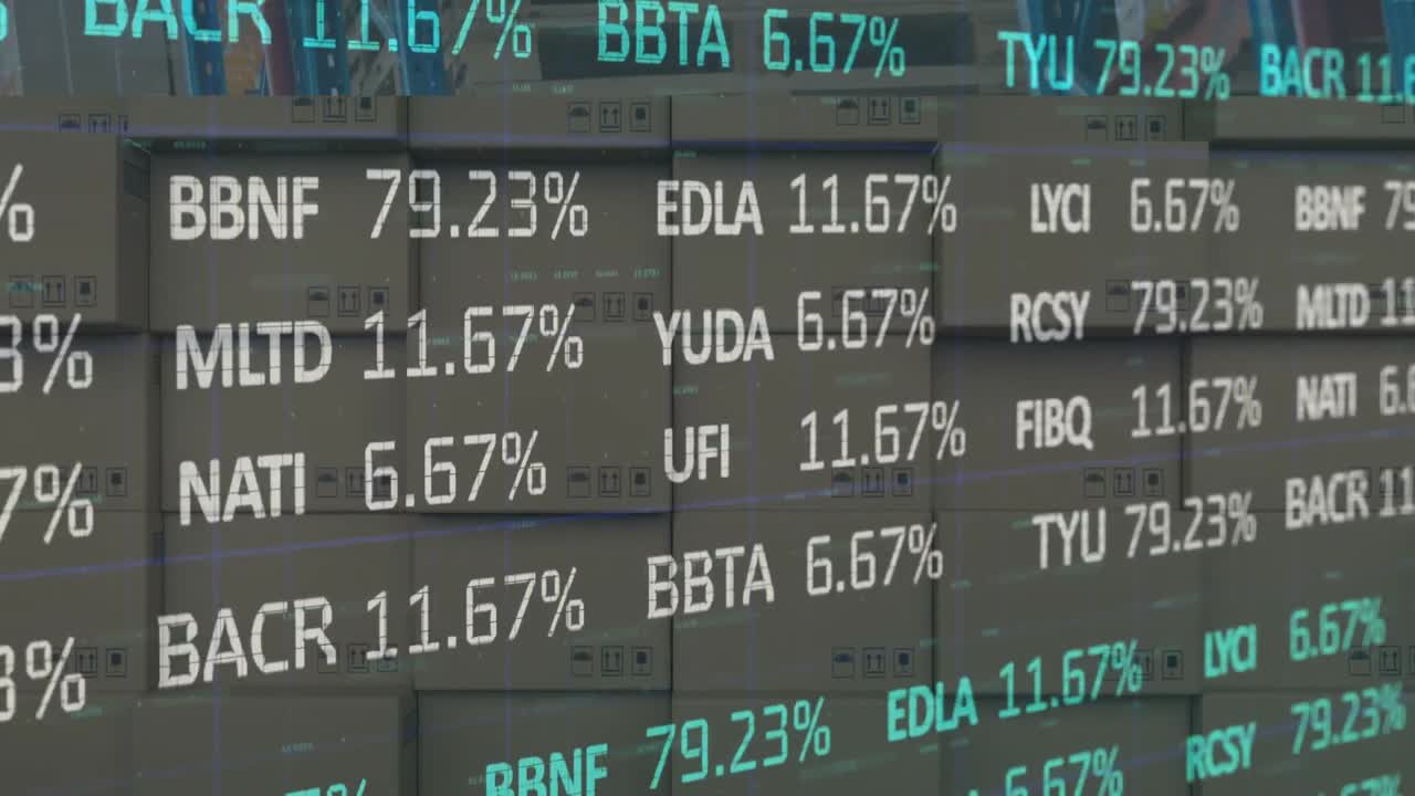 Animazione di elaborazione dati finanziari su pila di scatole di cartone sullo sfondo