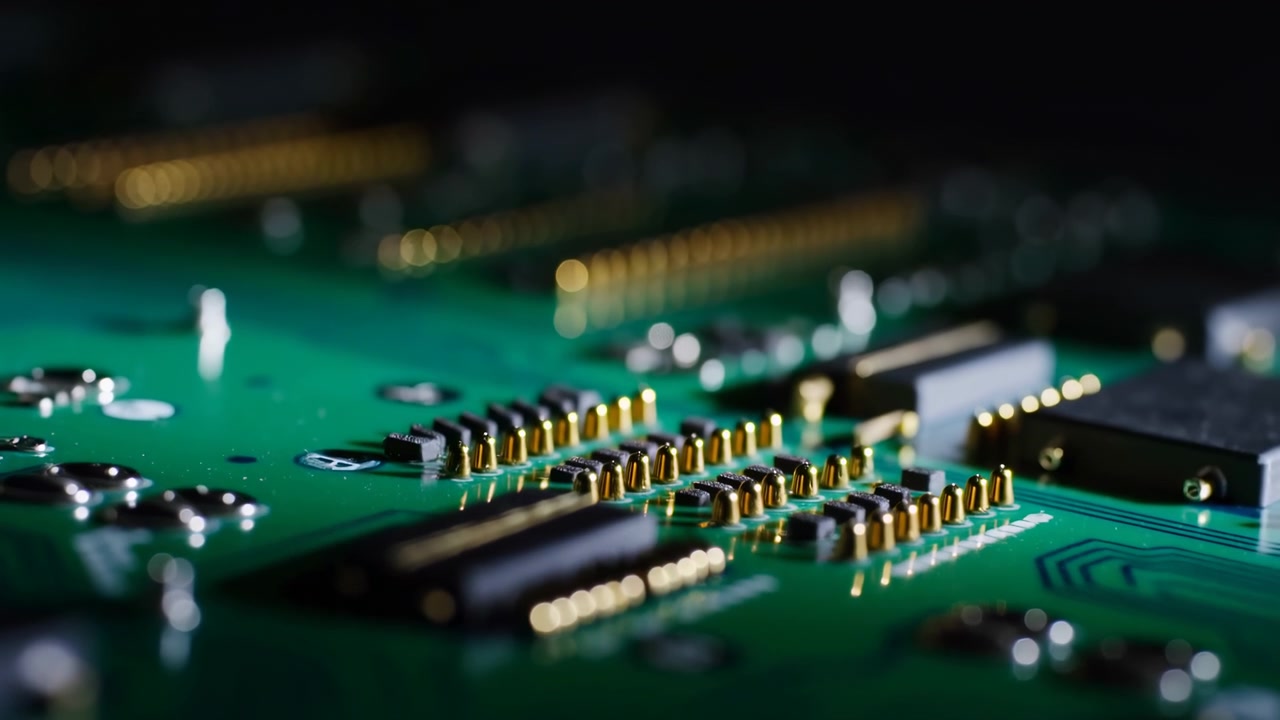 Shallow focus view of a green electronic circuit board with integrated chips, copper traces, and glowing indicator lights, creating a technical and industrial