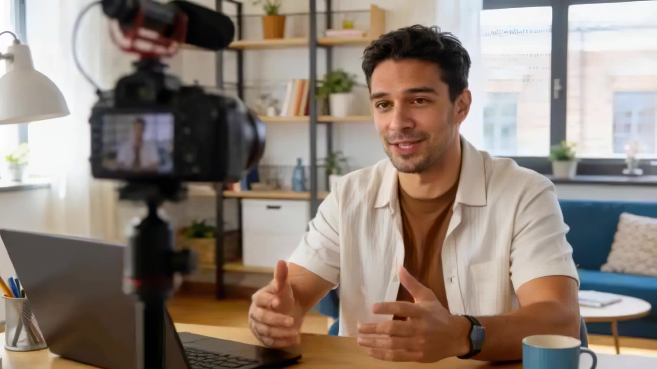 Kamera mulai merekam presenter mengenakan kemeja kasual menjelaskan di kantor rumah, dengan mikrofon DSLR
