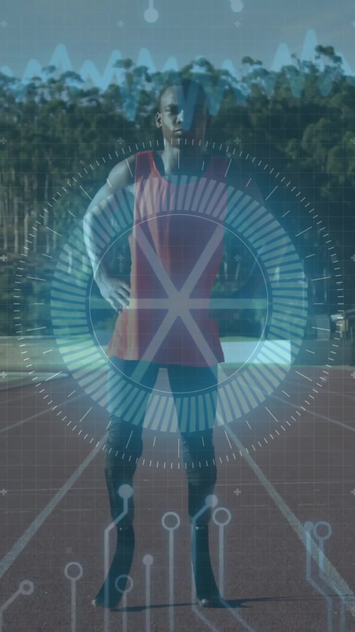 Animación de interfaz digital sobre un atleta de pie en una pista de atletismo