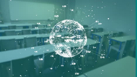 global network data animation over empty classroom with desks and chairs