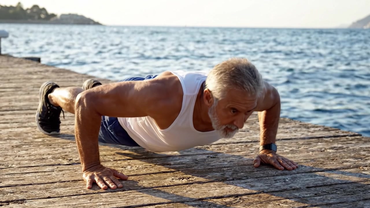 An older man engages in push-up exercises on a wooden dock by a serene waterfront during golden hour, showcasing fitness and determination against a beautiful natural backdrop.