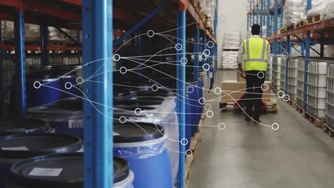 Animation-of-network-of-connections-over-back-view-of-african-american-male-warehouse-worker