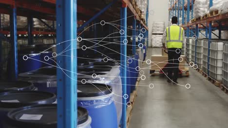 animation of network of connections over back view of african american male warehouse worker