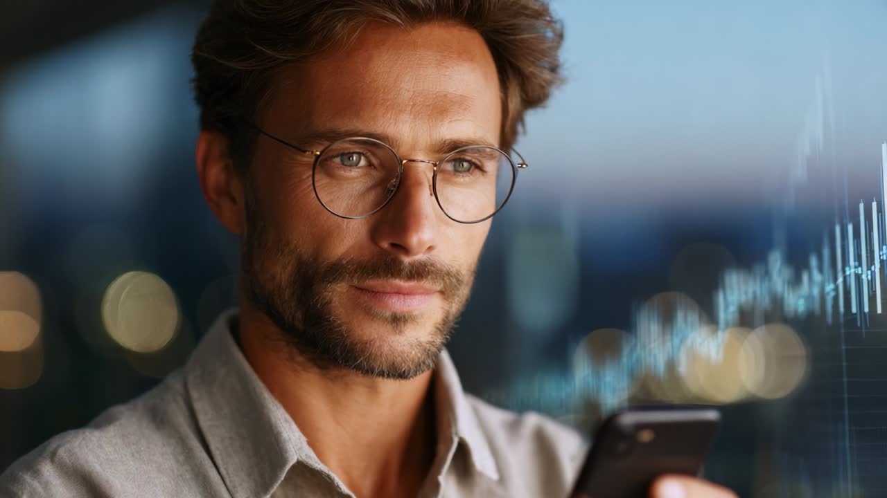 The Journey of Emotion: A Man Enjoying His Moment with a Smartphone Against a Beautiful Background of Out of Focus Lights and Subtle Graph Lines Depicting Progress and Growth