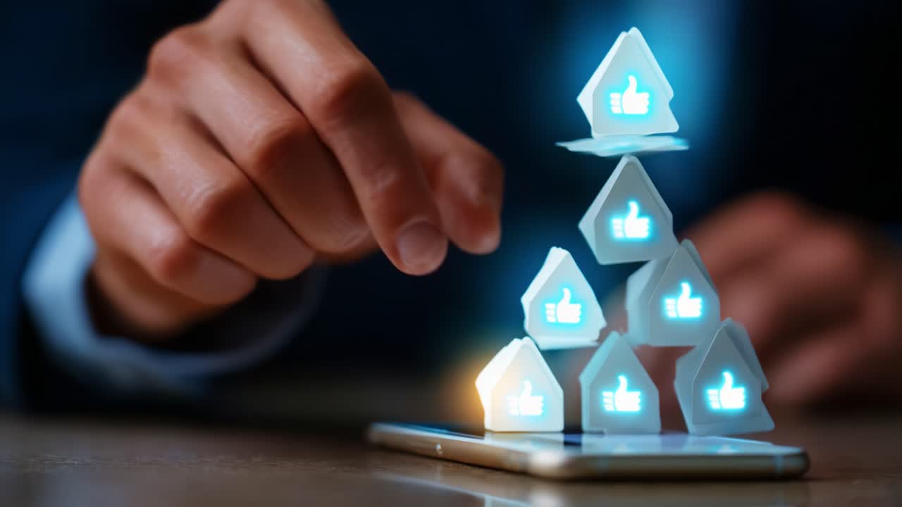 A Businessman Strategically Constructs a Virtual Pyramid of Positive Feedback Symbols on His Smartphone, Reflecting Modern Communication and Engagement Trends in Digital Societies