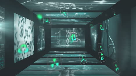 futuristic digital tunnel with dna strands and scientific data animations