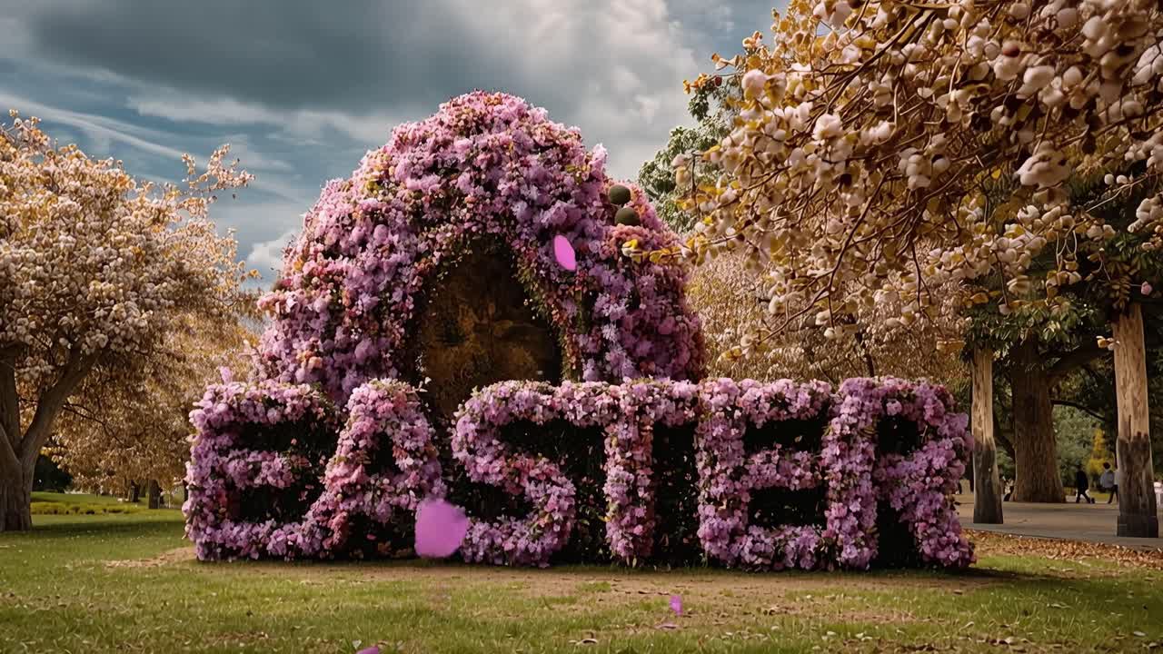 Purple flowers spell "EASTER" under blooming trees. Soft sunlight glows through the blossoms. Sunny day feels warm and joyful. Perfect for spring festivals or seasonal events