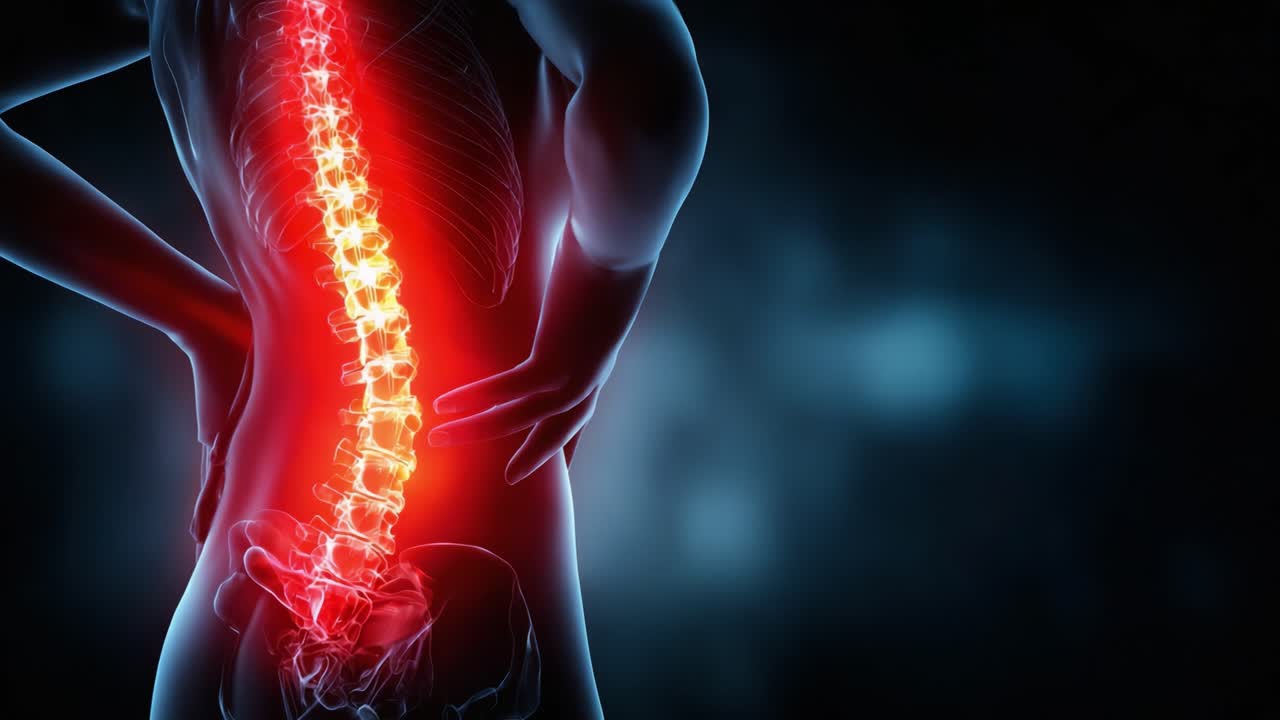 Illustration of the Human Spine and Lower Back Pain Highlighting the Lumbar Region with a Radiant Red Glow Representing Discomfort and Potential Injury
