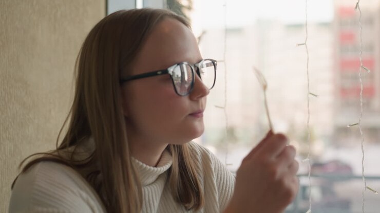 young woman in glasses joyfully licks spoon after savoring dessert by bright window with decorative lights and soft snowy background