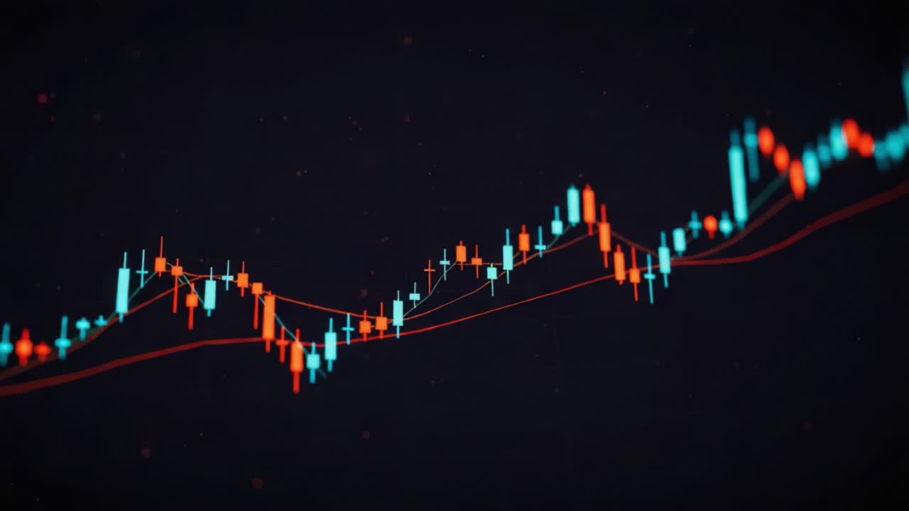 Visualizzazione dinamica del movimento dei prezzi delle azioni con pattern a candela e medie mobili visualizzati su uno sfondo scuro per l'analisi finanziaria.