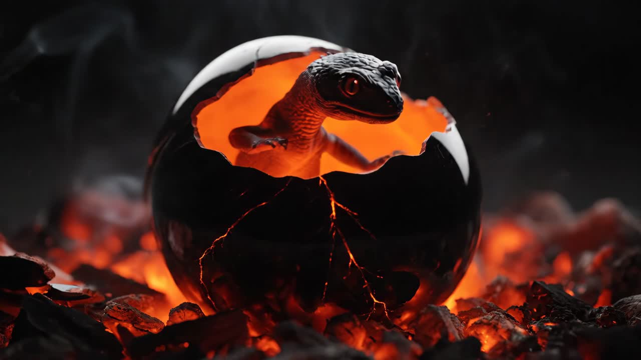 Lizard hatching from burning egg