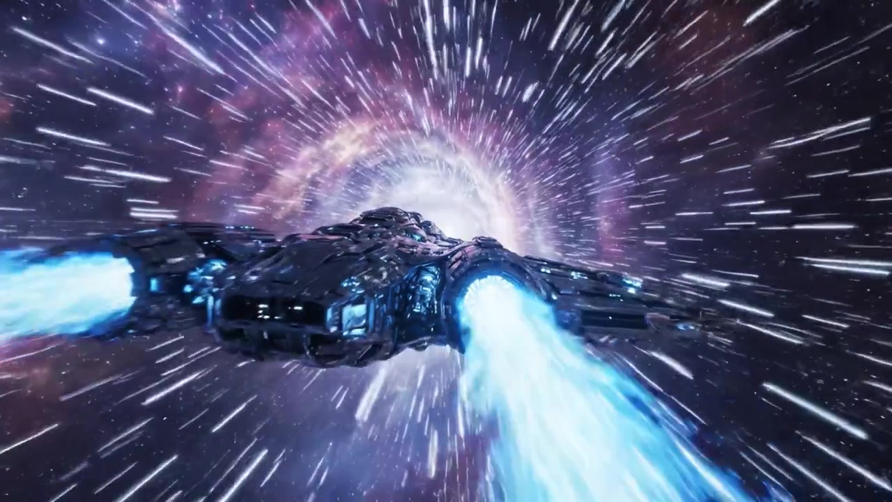 Et futuristisk rumfartøj navigerer gennem en levende og farverig kosmisk tunnel med energistriber og lys, der repræsenterer højhastighedsrejse gennem et ormehul i universet.
