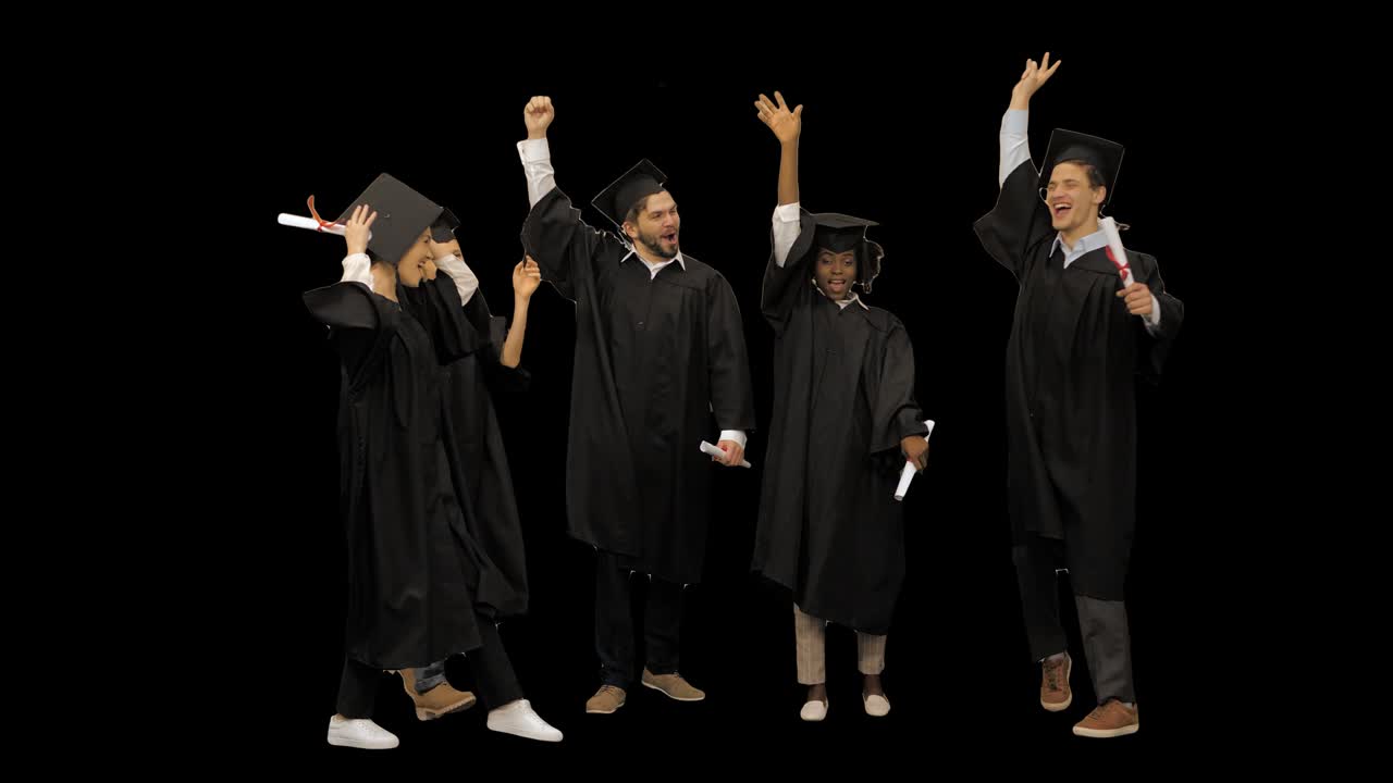 amigos felices graduados unen las manos juntos el concepto de un equipo amistoso, canal alfa