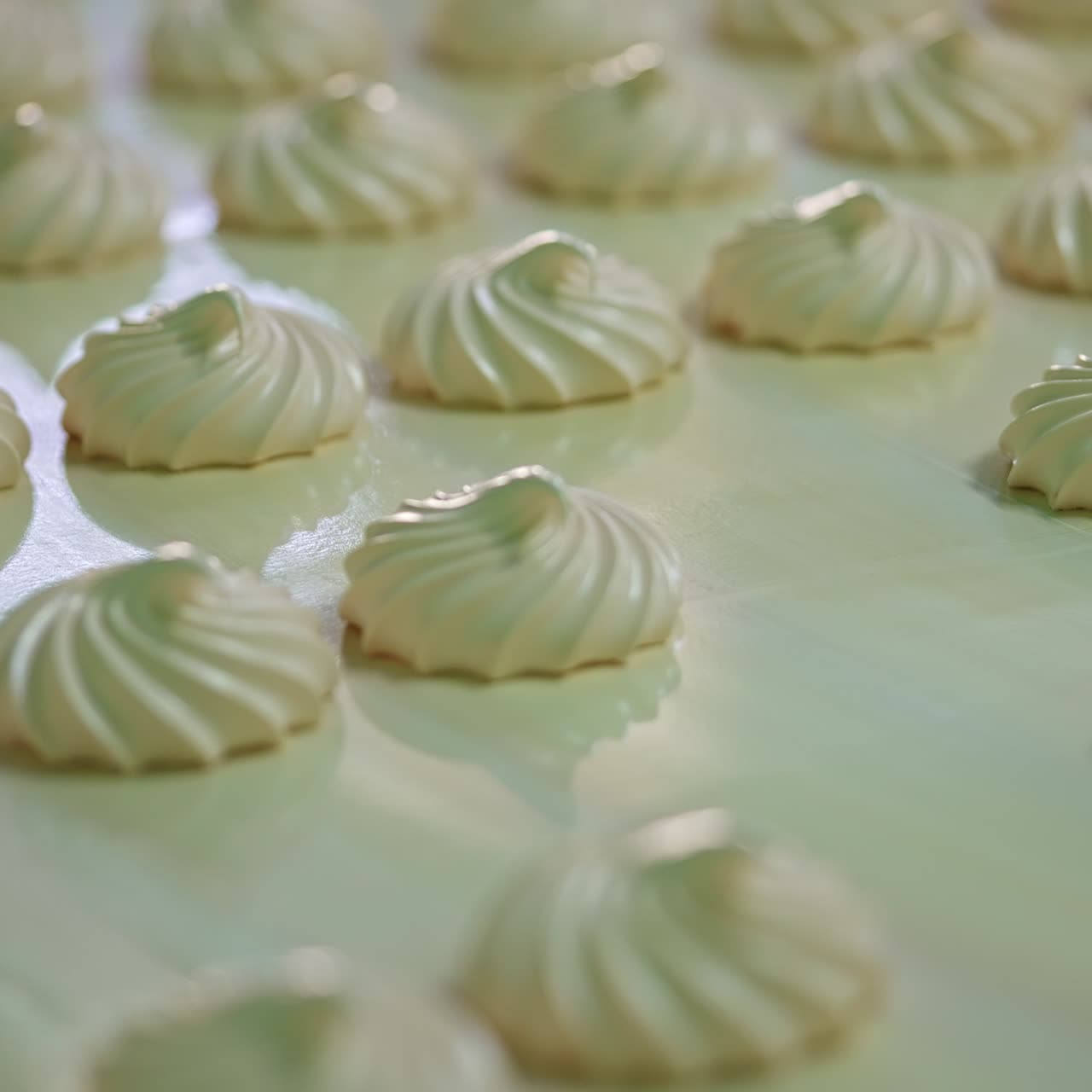 Industrial tasty sweet production. Marshmallow conveyor factory making