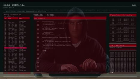 animation of data processing on computer screens over male hacker using computer