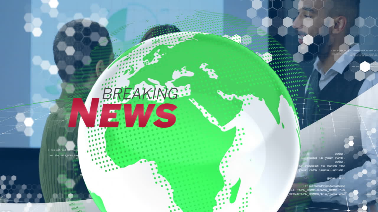 News team delivering update in digital studio, showing Breaking News text, globe and hex patterns
