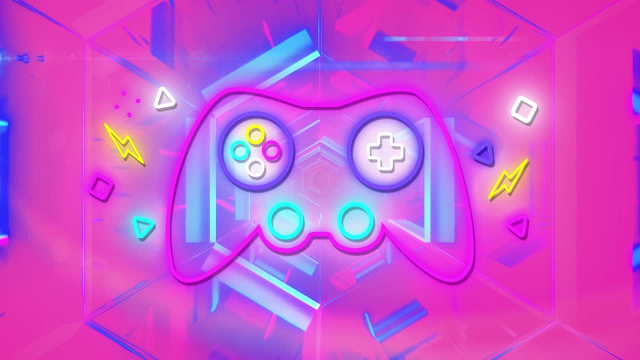 활기찬 네온 배경에서  ⁇ 박이는 네온 게임 제어 패드의 애니메이션