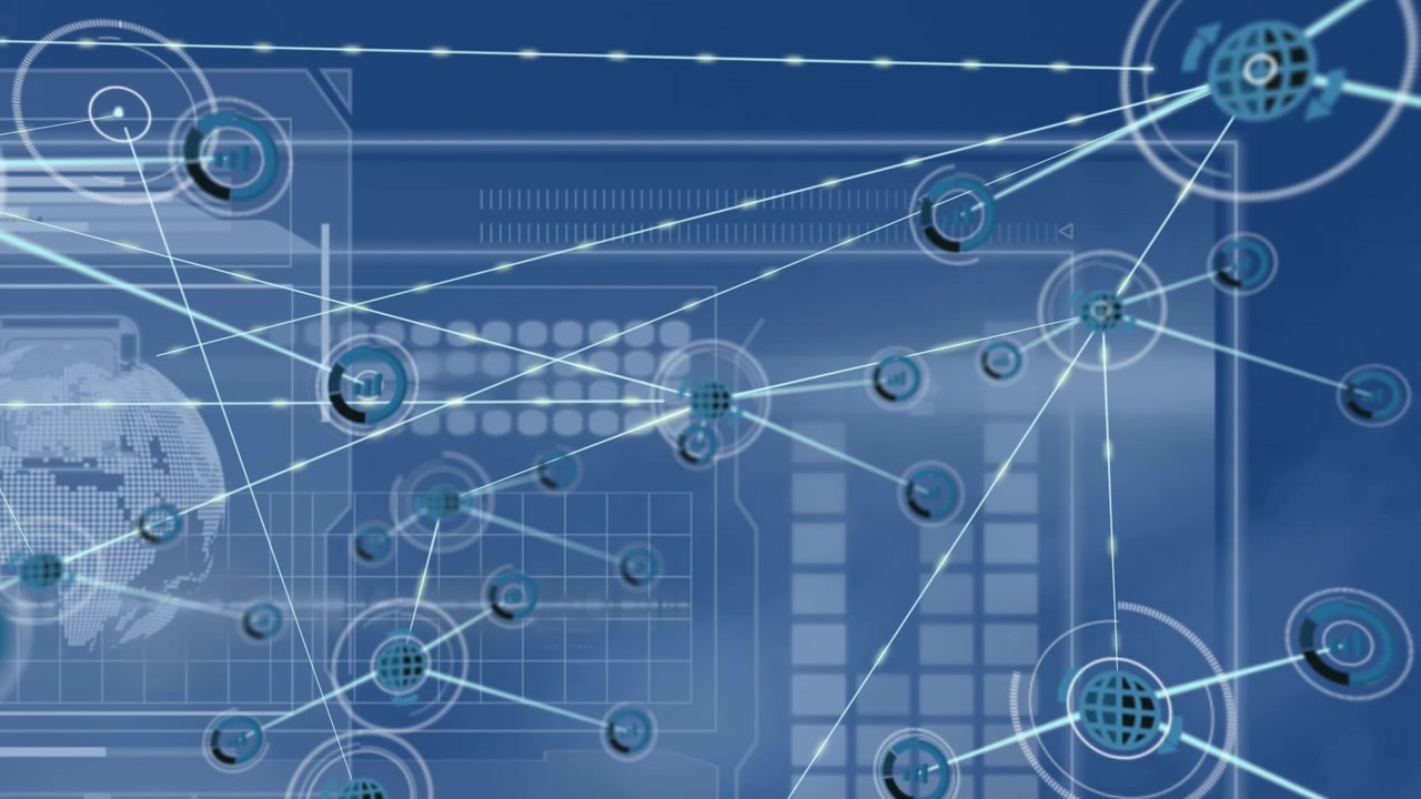 Animation of network of connections with icons over globe on screen