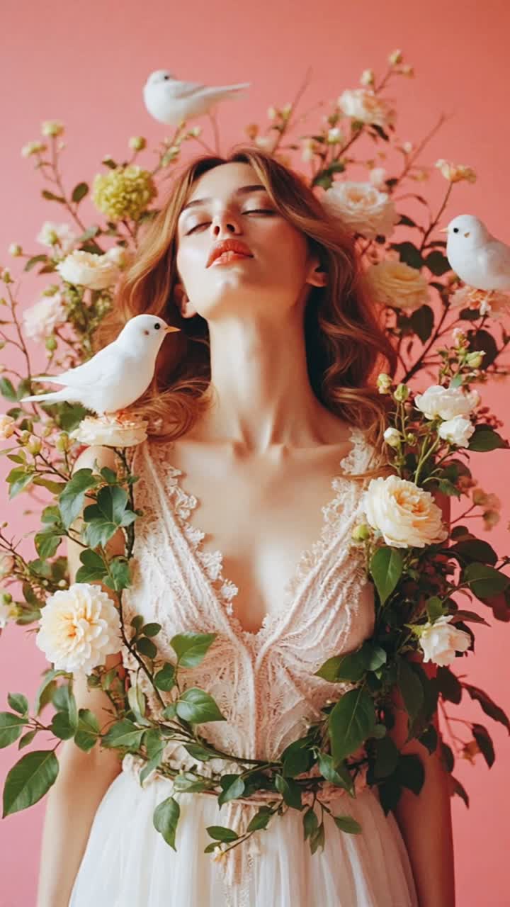 Donna con Vestito a Fiori e Uccelli