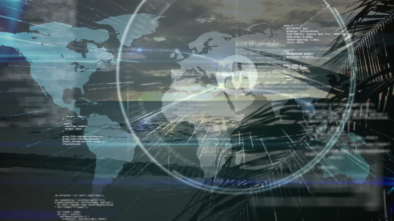 World map and data processing animation over tropical beach landscape