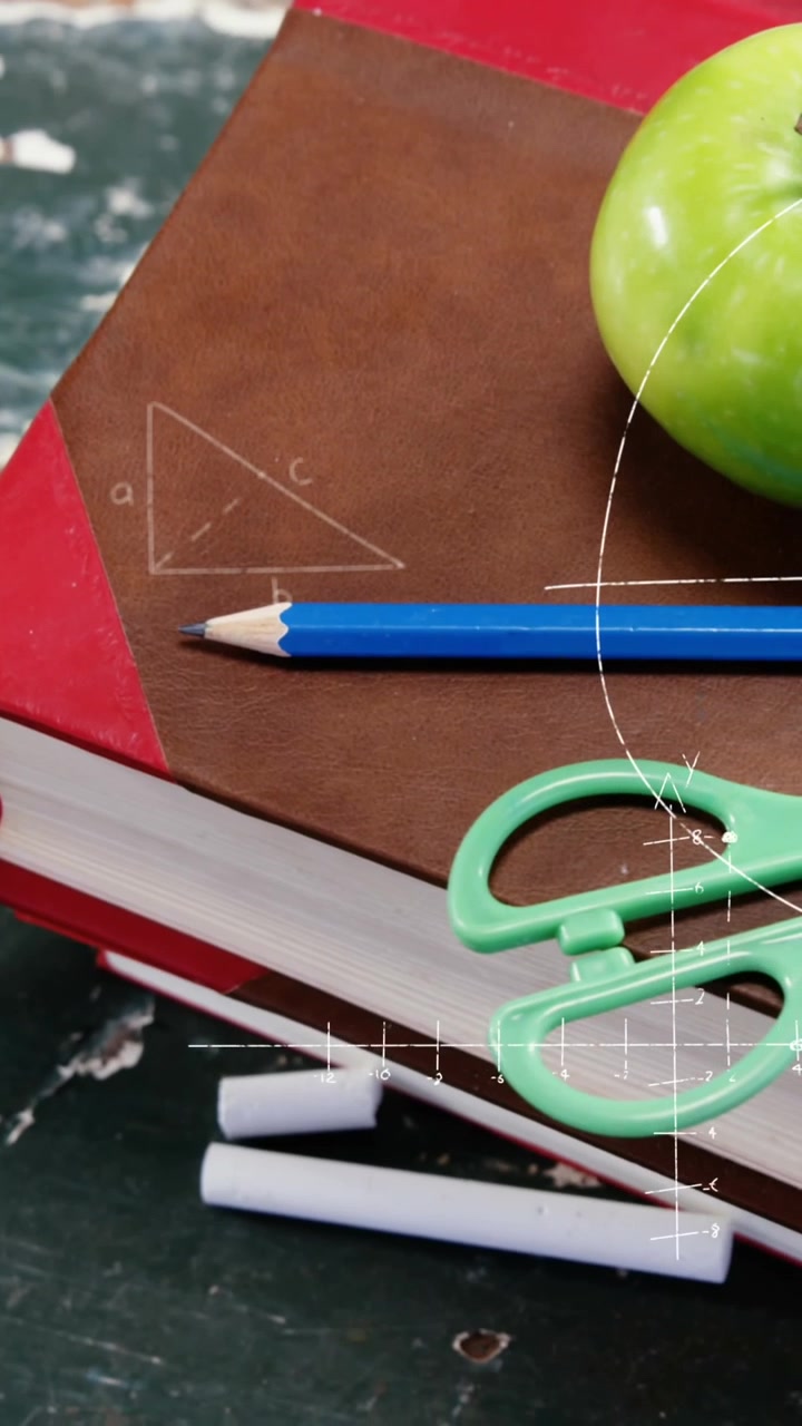 Mathematical equations and diagrams floating against school equipments on wooden surface