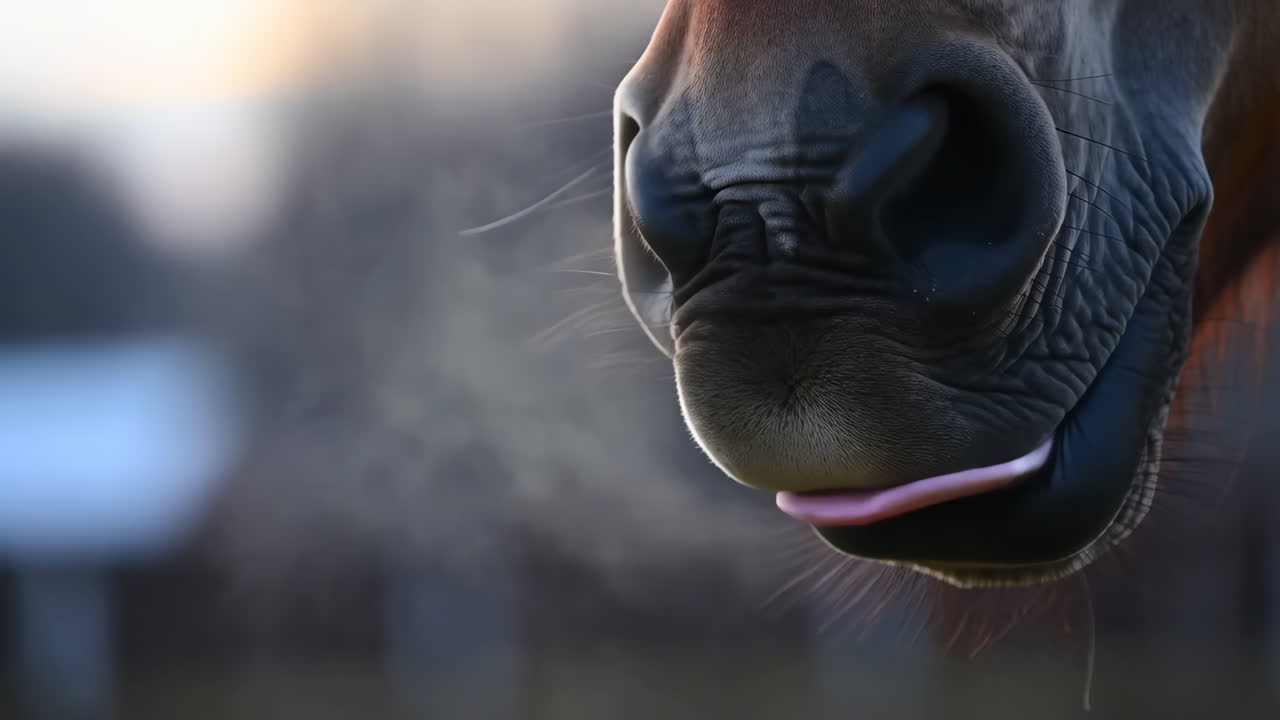 Close-up of a horse's muzzle with steam from its nostrils in cold weather