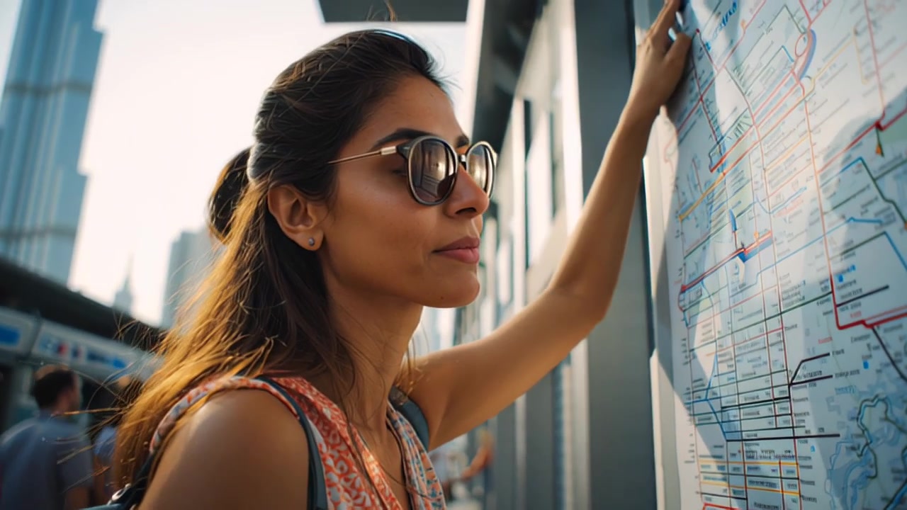 Footage of a young woman wearing sunglasses studying a public transport route map at a modern city station, planning commute and travel directions in daylight