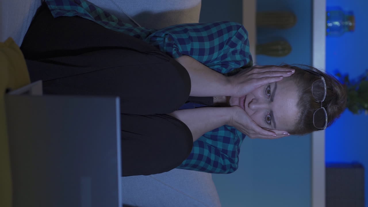 video vertical de una mujer viendo una película de terror en una computadora portátil por la noche. la mujer está asustada.