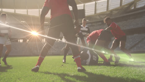 Animation-of-spots-lights-moving-over-diverse-team-of-rugby-players-during-game-in-field