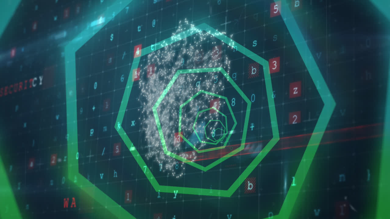 Animation of tunnel with neon shapes over data processing on black background