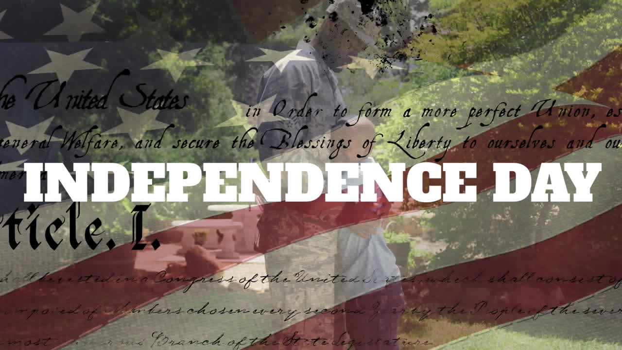 animación del día de la independencia, constitución de los estados unidos, hijo afroamericano abrazando al padre del ejército