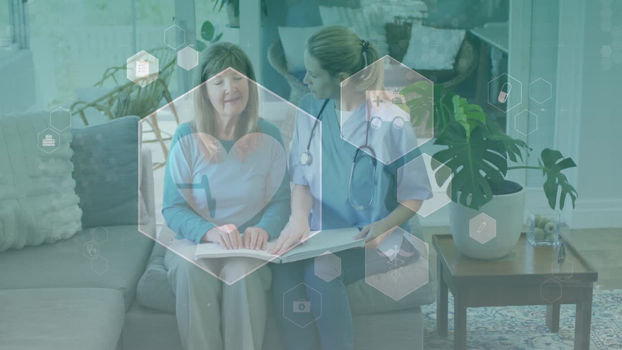 고위 백인 여성과 여성 의사가 브라이일 문자를 읽는 의료 아이콘의 애니메이션