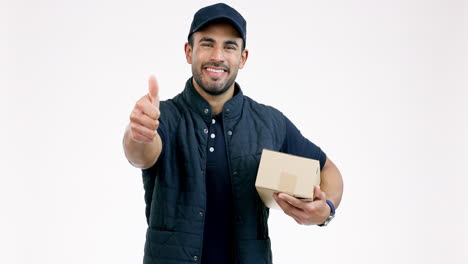 happy man, box and thumbs up in delivery success