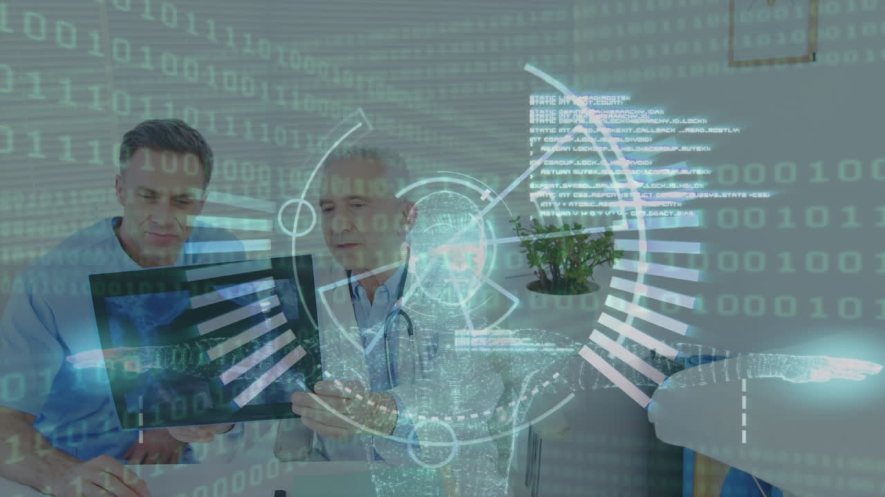 animación del procesamiento de datos con escaneo de alcance sobre diversos médicos