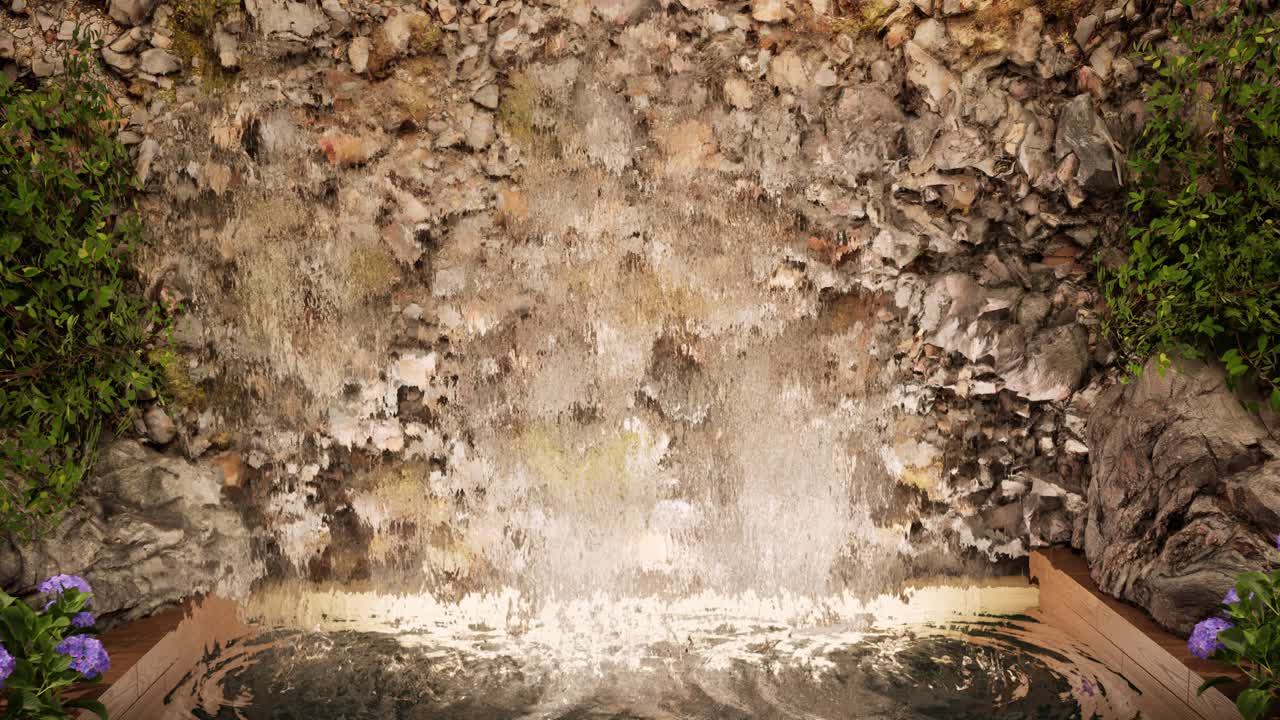 내부 수영장, 폭포, 꽃, 수건, 치유 바위, 나무 표면에 스파 치료 크림, 낮 시간, 3d 애니메이션, 스파 살롱 치료, 휴식