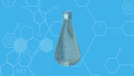 Turning test flask and dna strand diagrams over blue background