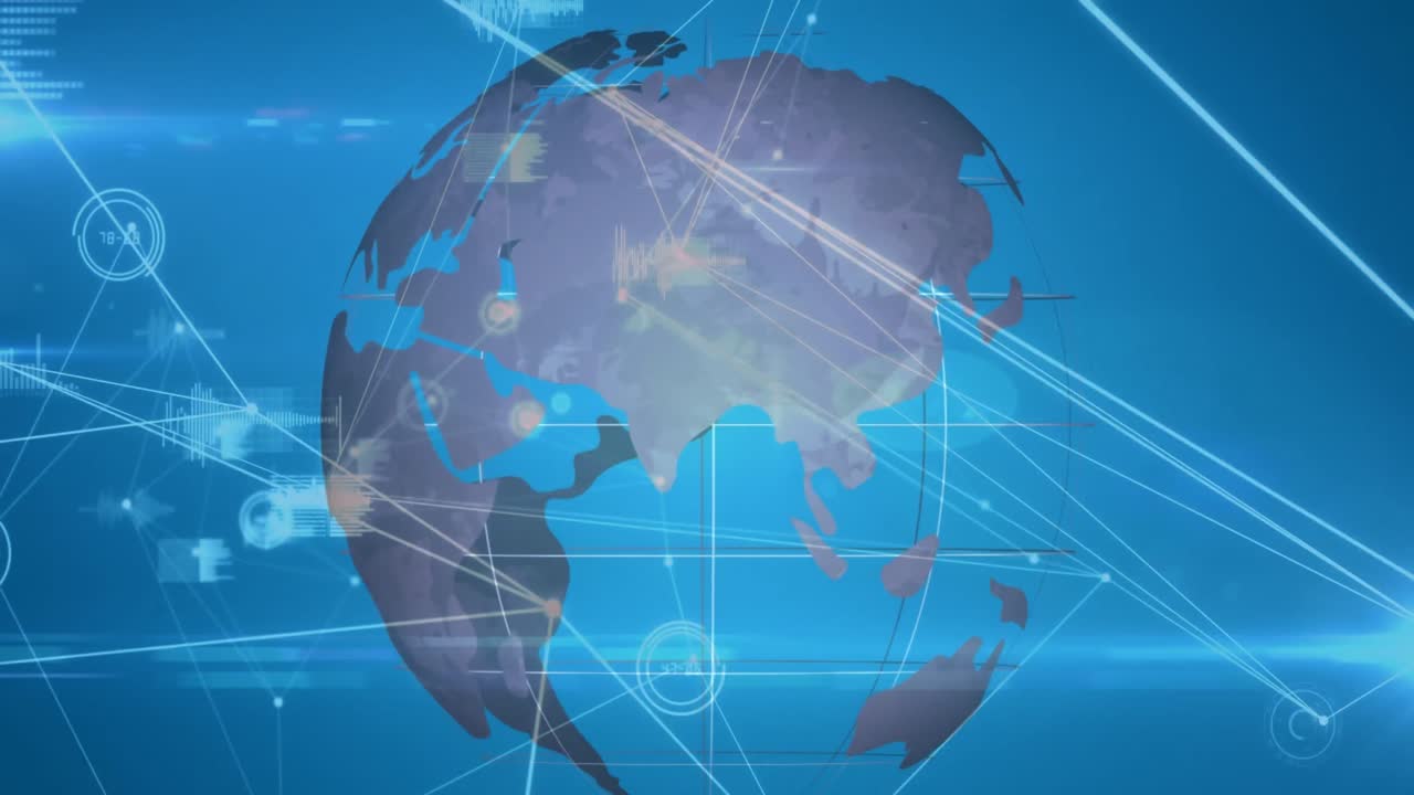 그래프 아이콘과 파란색 배경에 회전하는 지구의 연결된 점의 애니메이션