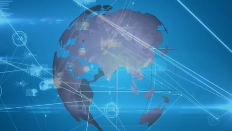 Animation-Verbundener-Punkte-Mit-Diagrammsymbolen-Und-Rotierendem-Globus-Auf-Blauem-Hintergrund