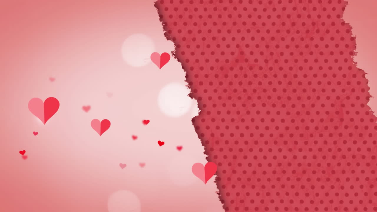 animación de múltiples corazones rojos y rosados flotando en papel rosado roto con puntos en fondo rosado