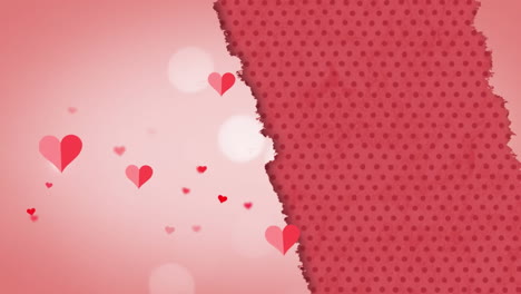animation of multiple red and pink hearts floating on torn pink paper with dots on pink background
