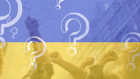 Animación-De-Signos-De-Interrogación-Sobre-Manifestantes-Y-Bandera-De-Ucrania.