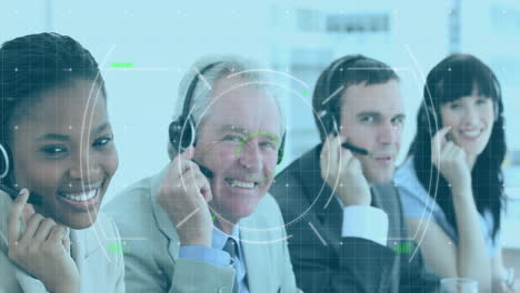 Animation-of-scope-scanning-over-diverse-business-people-using-phone-headsets