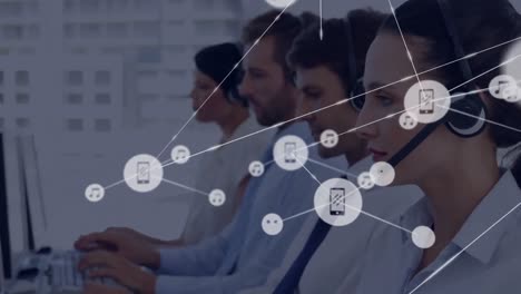 Animation-of-network-of-connection-with-icons-over-business-people-wearing-phone-headsets