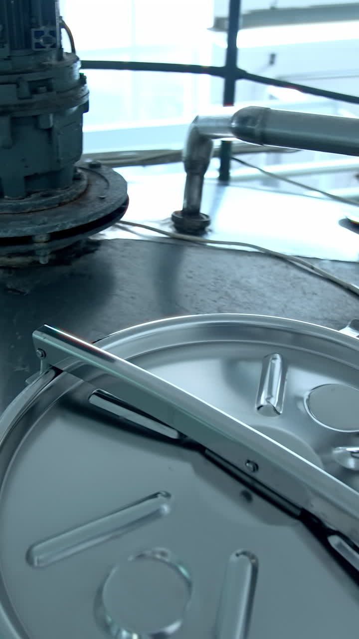 Innovative machinery on a dairy farm. Modern equipment on a milk factory. Metal containers for processing milk products.. Vertical video