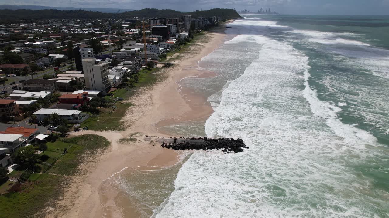 Breakwater At Palm Beach - Foamy White Waves In The Seashore - Gold Coast, QLD, Australia. - aerial shot