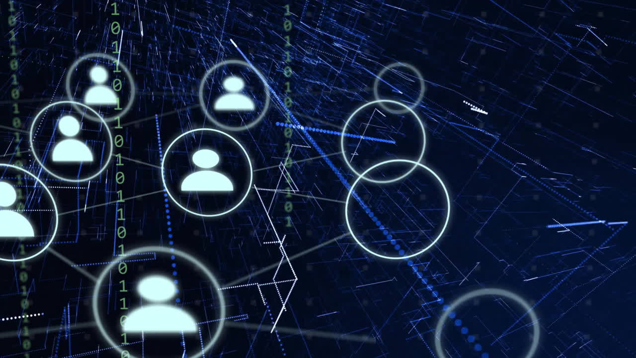 Animation of icons with connections and data processing over dark background