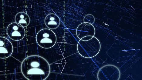 animación de iconos con conexiones y procesamiento de datos sobre fondo oscuro